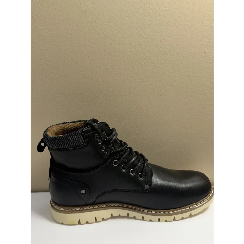 Steve Madden Boot's 9.5 Men's Blk Madden NYC Lace-Up Cream Lug Sole EUC